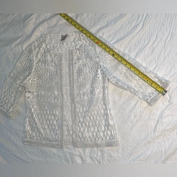 Chico’s Travelers White Open Knit Cardigan Sheer Crochet 3/4 Sleeve Jacket 4/6P - Picture 11 of 11